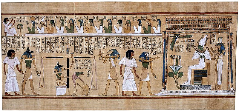 El Juicio de Osiris, representado en el Papiro de Hunefer (ca. 1275 a. C.). Museo Británico de Londres, Inglaterra. Viñetas como ésta eran muy comunes en el Libro de los Muertos egipcio. (Public Domain)