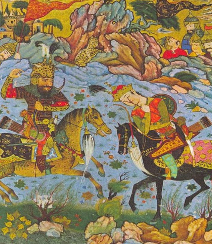 Naqsh-e Rustam fue llamado así por la legendaria figura de Rustam, quien aparece representado aquí matando a Esfandyar. Miniatura medieval persa. (en.wikipedia.org) 