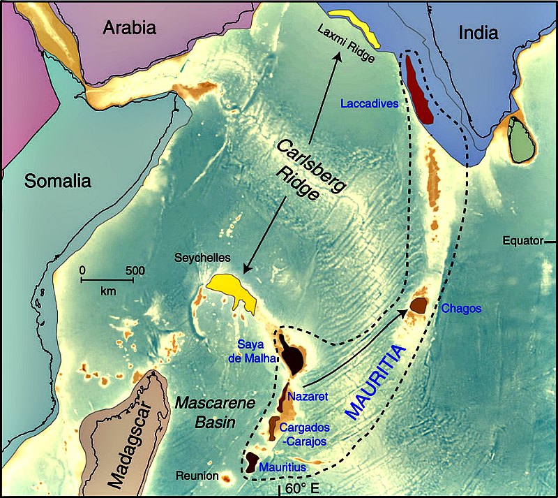 Localización de posibles fragmentos continentales en el Océano Índico. Entre ellos estarían Mauritia (de color castaño en el mapa), y la dorsal de Laxmi junto con las Seychelles (en amarillo). (Mapa: Lewis D. Ashwal, Michael Wiedenbeck y Trond H. Torsvik/Nature Communications)