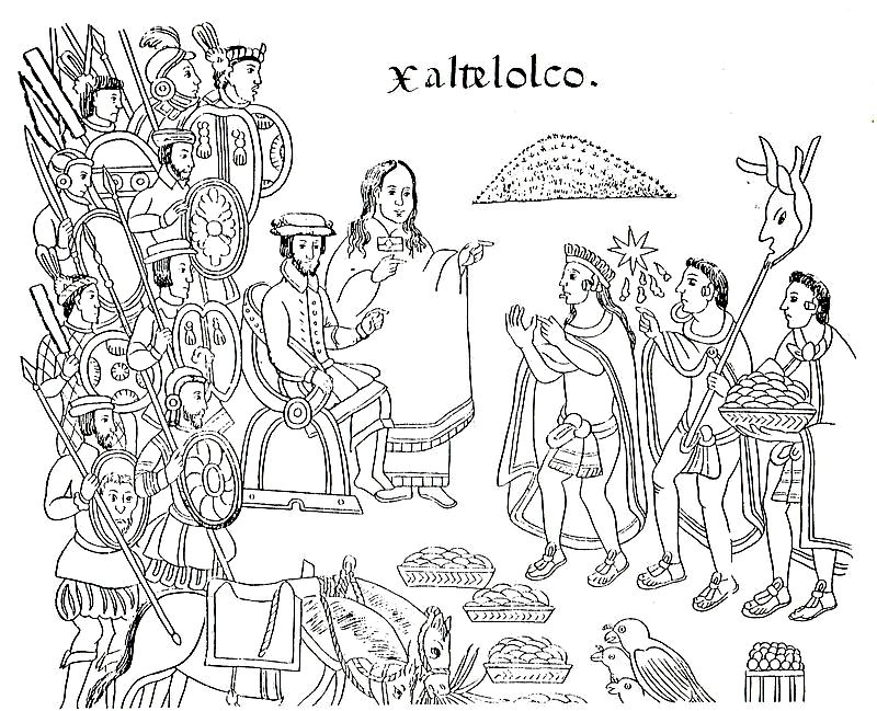 La Malinche traduce la lengua de los mexicas a Cortés. Lienzo Tlaxcala (Siglo XVI) (Public Domain)