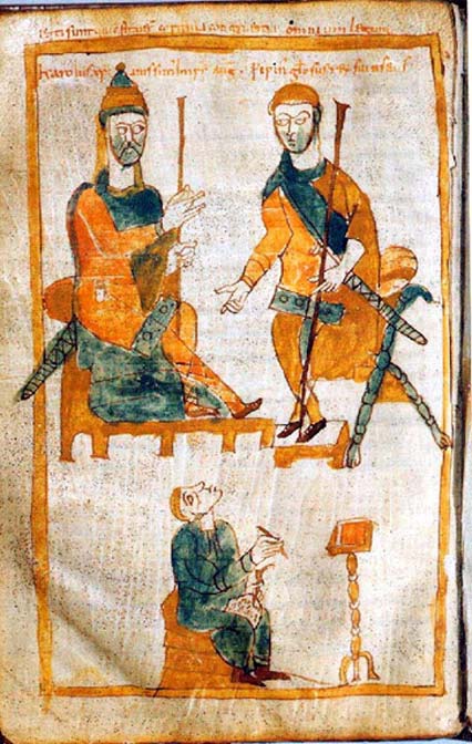 Carlomagno (izquierda) y su hijo mayor, Pipino el Jorobado. Copia del siglo X realizada a partir de un original perdido y datado en torno al año 830. (Public Domain)