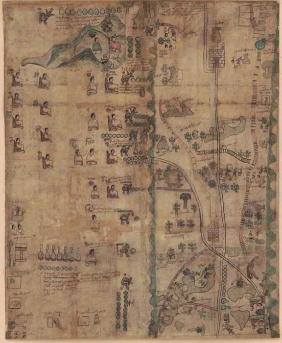 Mapa del Códice Quetzalecatzin o Mapa de Ecatepec-Huitziltepec. Obtenido de la Biblioteca del Congreso. (Dominio público)