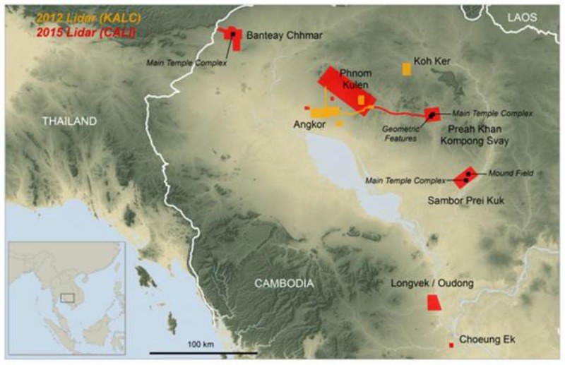 Mapa de localización de las nuevas ciudades descubiertas bajo las selvas de Camboya. (Fotografía: Ancient-Origins.net/ Damian Evans / Cambodian Archaeological Lidar Initiative)