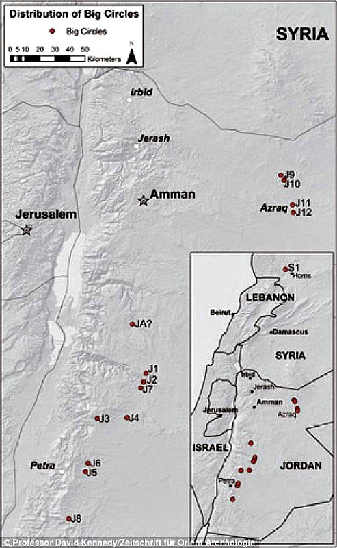 Mapa mostrando la ubicación de cada uno de los 12 Grandes Círculos de Jordania registrados hasta ahora, además de otro gran círculo descubierto en Siria. (Imagen: Código Oculto).