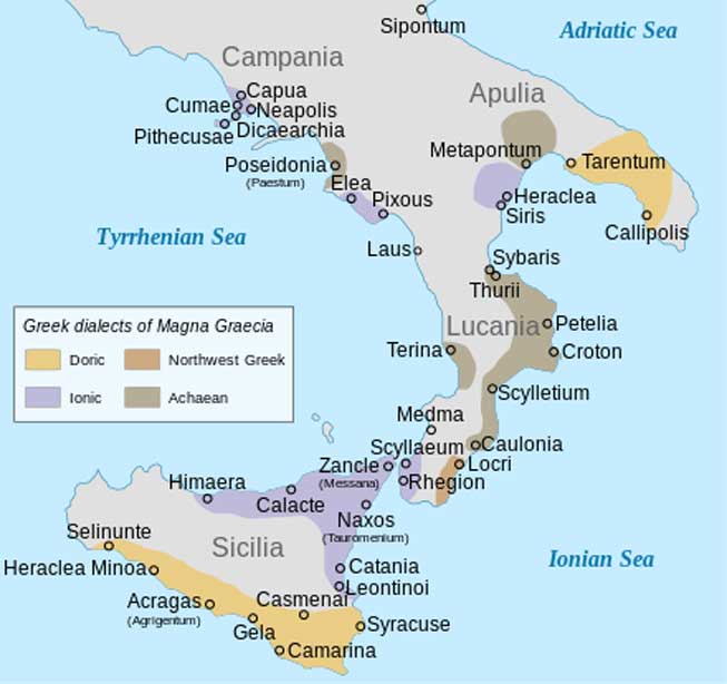 Antiguas colonias griegas de la Italia meridional (Magna Grecia) agrupadas por sus distintos dialectos. (Public Domain)
