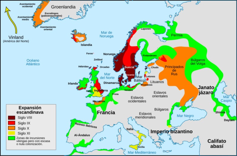 Mapa en el que se observan las distintas fases de la expansión escandinava, incluyendo las numerosas incursiones vikingas entre los siglos VIII y XI. (Max Naylor/CC BY-SA 3.0)