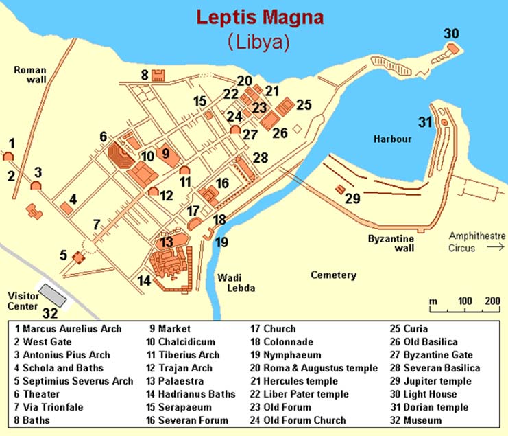 Este mapa nos muestra muchos de los importantes monumentos de Leptis Magna, antigua ciudad romana de la actual Libia que está siendo protegida por ciudadanos libios armados con fusiles Kalashnikov. (Wikimedia Commons/Mapa: Holger Behr)