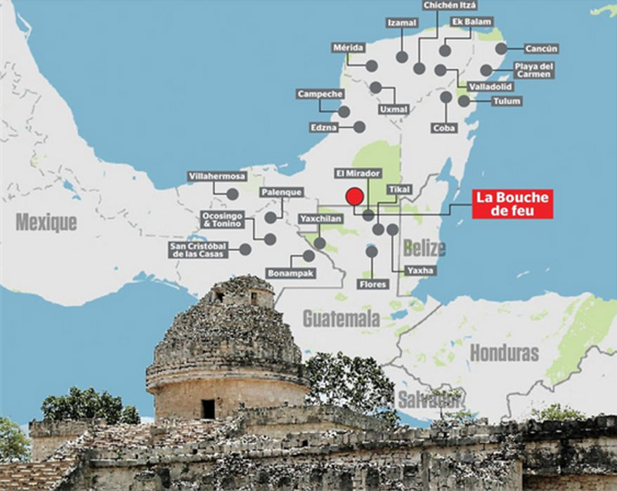 Ubicación geográfica de la ciudad maya descubierta por William Gadoury, K’àak’ Chi’ (La Boca de Fuego). (Le Journal de Montréal)