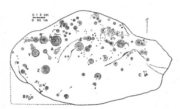 Mapa de los petroglifos grabados sobre la superficie de la Piedra de Cochno. Imagen: The Modern Antiquarian