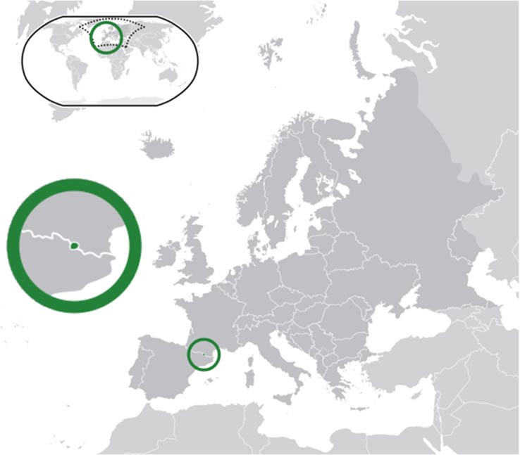 Situación de Andorra (en el centro de un círculo verde) en un mapa de Europa. (CC BY-SA 3.0)