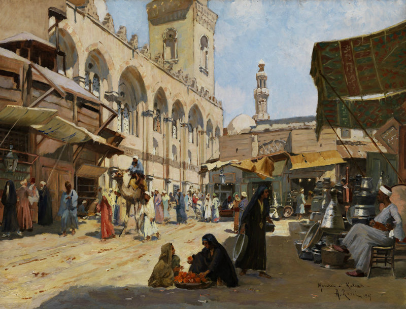 Mercado árabe en la Mezquita de Qalawun, El Cairo (1907). Óleo de Alberto Rossi (Flickr)