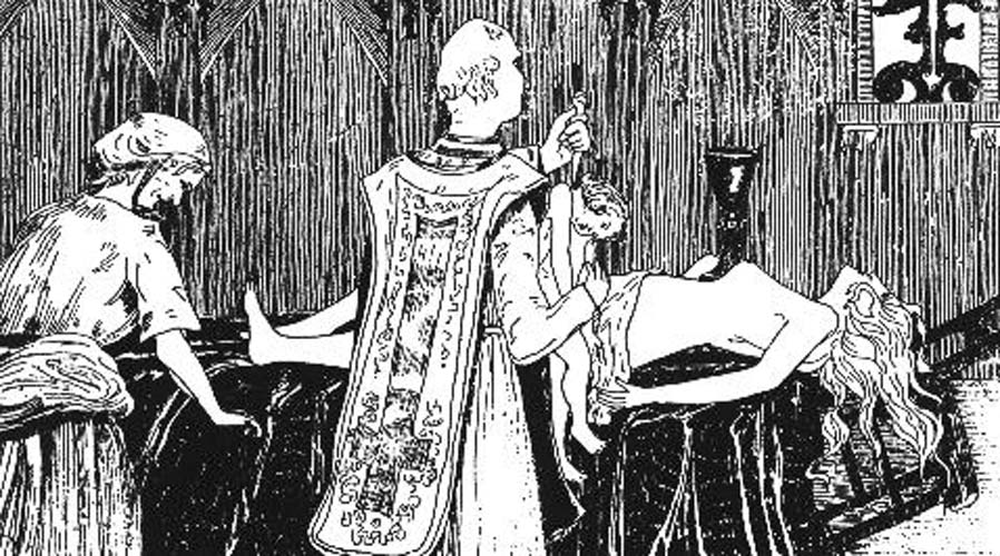 Catherine Monvoisin y el sacerdote Étienne Guibourg realizan una misa negra para Madame de Montespan, amante del rey de Francia Luis XIV. Supuestamente Madame de Montespan sería la mujer desnuda que se observa sobre el altar. Grabado de Henry de Mavost (1895). (Public Domain)