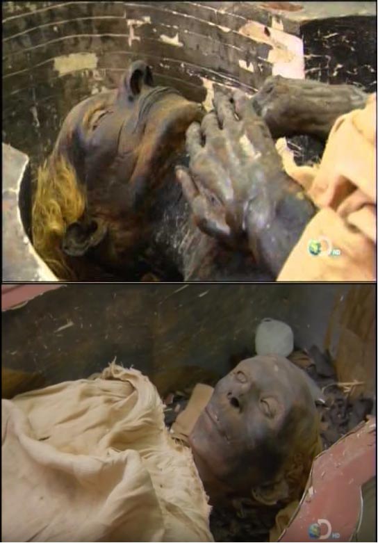 Las momias de Yuya (arriba) y su esposa Tuya (abajo). Ambos tienen el pelo rubio. (Youtube Screenshot)