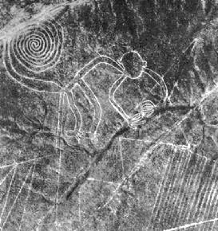 Las líneas de Nazca son antiguos geoglifos localizados en las Pampas de Jumana del desierto de Nazca y observados por primera vez en el año 1547. En la imagen el geoglifo conocido como “el mono”. (Public Domain)