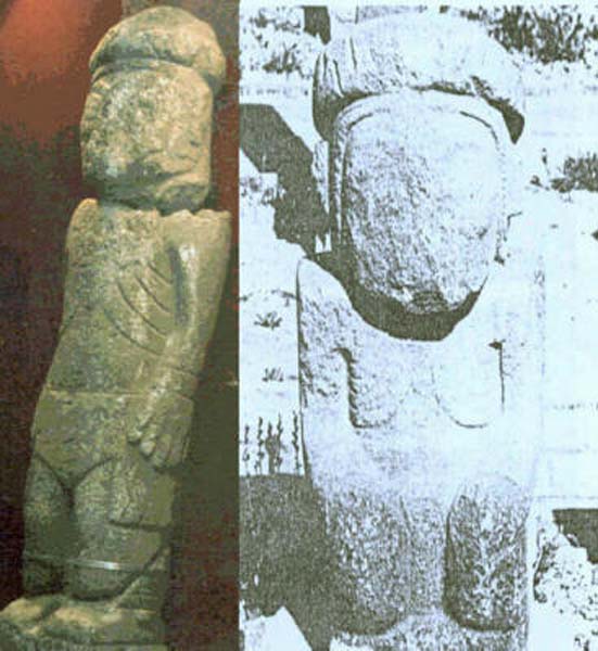 Comparación entre el Monolito de Pokotia y una de las estatuas de Tiahuanaco. (Composición fotográfica aportada por el autor)