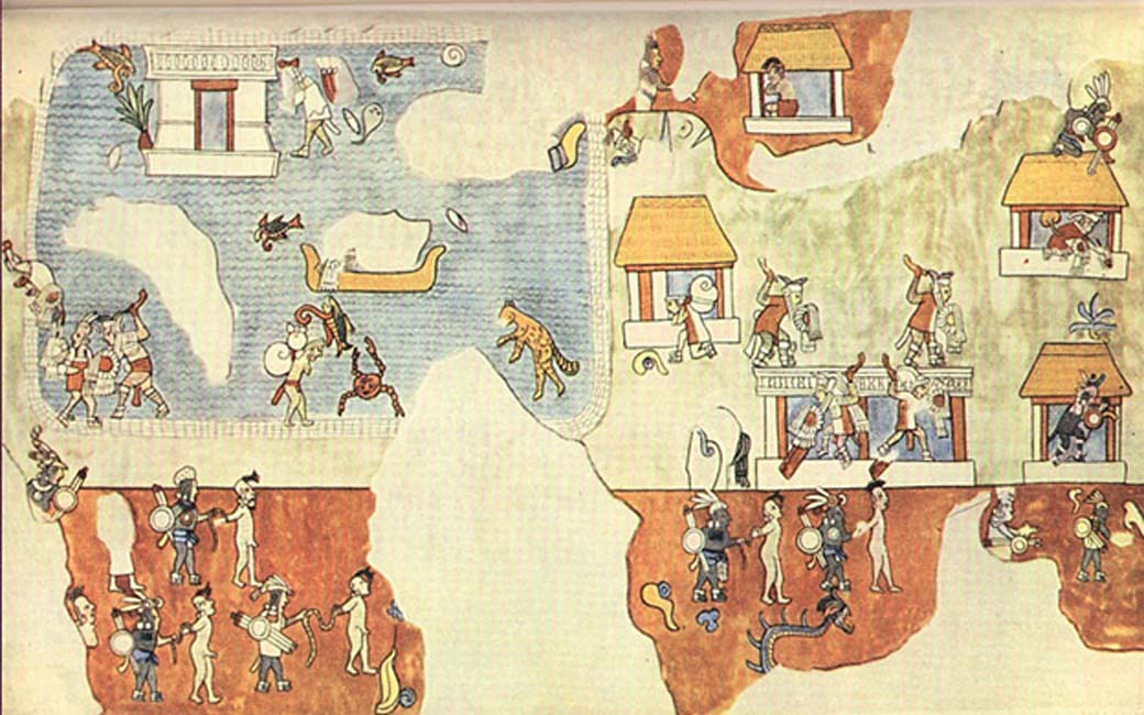 Pintura mural del Templo de los Guerreros de Chichén Itzá, México. La imagen muestra hombres de piel clara preparándose para retirarse por mar mientras otros defienden un poblado o son hechos prisioneros. (The Plumed Conch)