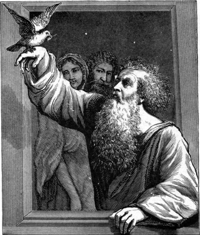 Noé recibiendo a la paloma con la rama de olivo. Ilustración de Charles Foster (1897) (Public Domain)