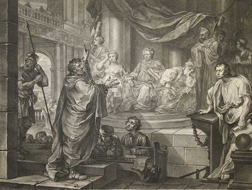 Pablo ante Félix, ilustración de 1752. Drusila de Judea aparece sentada a la derecha de Félix. (Public Domain)