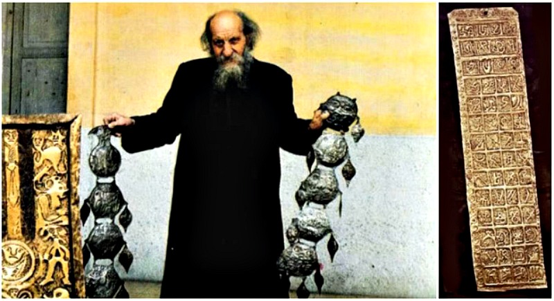 Carlos Crespi con algunos de los extraños objetos que le regalaron los Shuar. (Fotografía: Historia Enigmática).