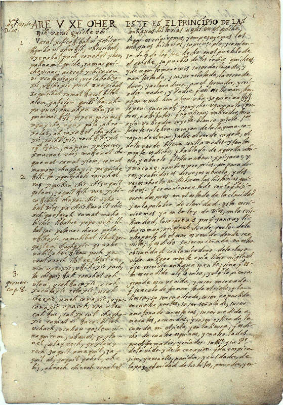 Página original del Popol Vuh o Libro de la Comunidad. (Public Domain)