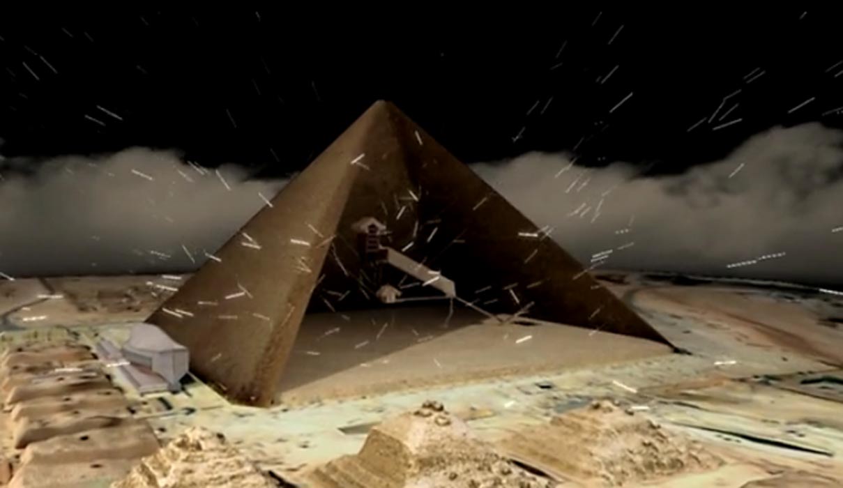 Partículas cósmicas atravesando la estructura de una pirámide (representación artística). (Scan Pyramids)
