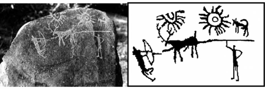 Izquierda, fotografía de los petroglifos. Derecha, boceto de los mismos. (Imagen: IGNCA)
