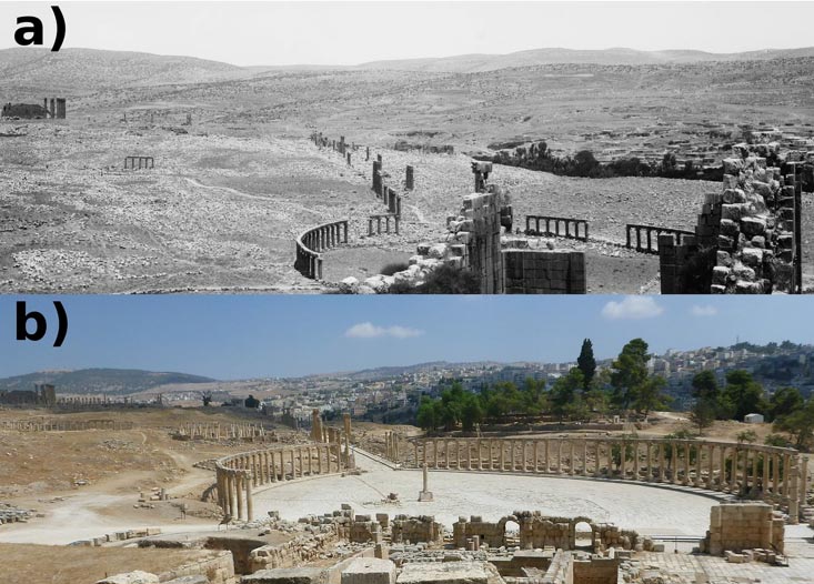Vistas de la Plaza Oval de Jerash en 1898 (imagen cortesÃ­a de la Biblioteca del Congreso, Departamento de Impresiones y FotografÃ­as, LC-DIG-matpc-04523) (a) y en el 2015 (Proyecto de Excavaciones Germano-DanÃ©s del Sector Noroeste de Jerash) (b). ObsÃ©rvense la exhaustiva retirada de escombros, la construcciÃ³n de pistas y la reconstrucciÃ³n de ruinas en primer plano junto con la urbanizaciÃ³n expansiva al fondo en (b). (Imagen: David Stott et al. / PNAS)