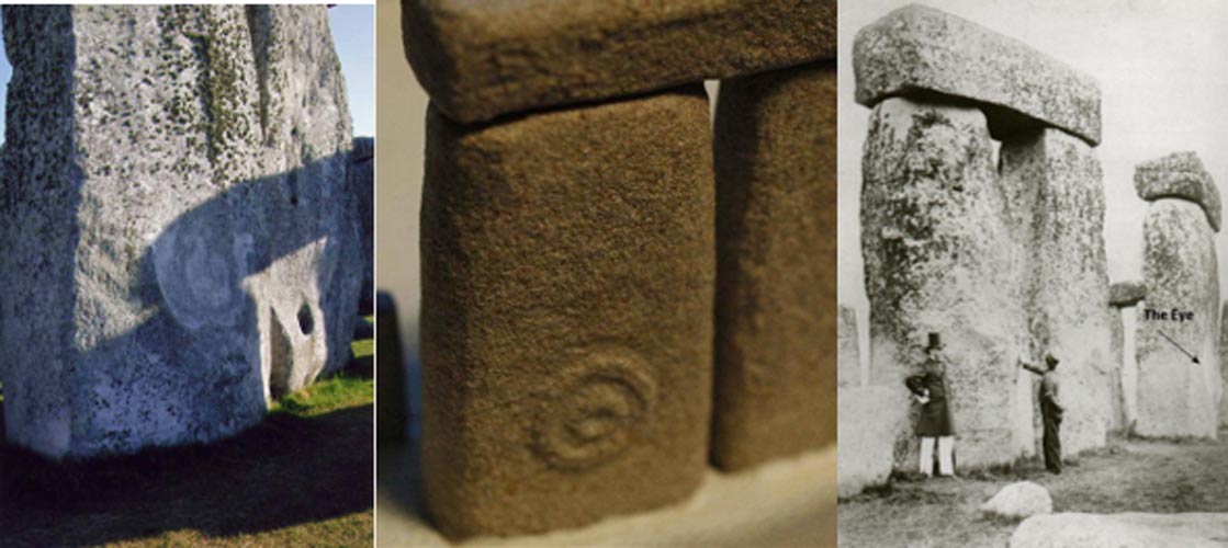 Piedra 52 con el símbolo del ‘Ojo’. De izquierda a derecha: La Piedra 52 en la actualidad (fotografía: Lloyd Matthews), réplica de la Piedra 52 (fotografía: Lloyd Matthews), Piedra 52 en 1867.