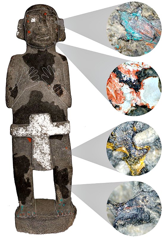 Detalle de los pigmentos presentes en una de las esculturas gracias al microscopio digital. (Fotografía: Michelle de Anda/PTM-INAH)