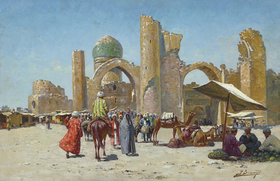 Samarkanda, pintura de Richard-Karl Karlovitch. Samarkanda era una antigua ciudad de la Ruta de la Seda situada a mitad de camino entre China y el Mediterráneo, en lo que hoy es Uzbekistán. (Dominio público)