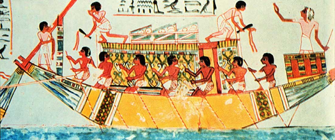 Pintura de una tumba egipcia del 1450 a. C. Título: “Oficial con vara utilizada como sonda... ordena a la tripulación que reme lentamente. Capataces con látigos se aseguran de que los remeros respondan adecuadamente.” (Dominio público)
