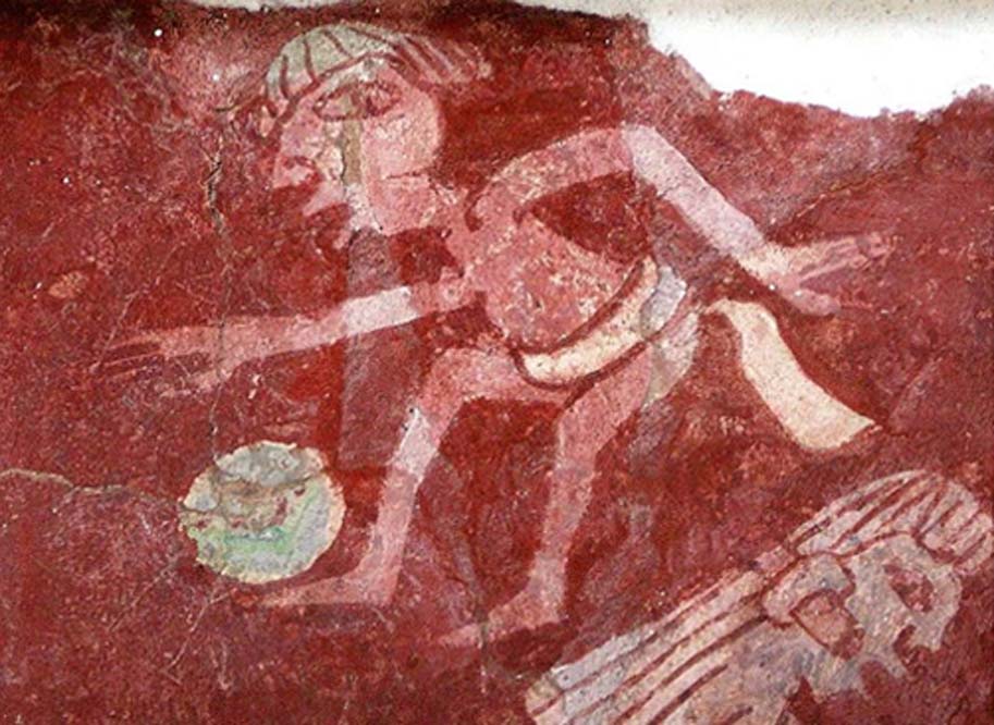 Detalle de reproducción de una pintura mural del complejo Tepantitla de Teotihuacán en la que aparece un jugador de pelota (CC BY 2.0)