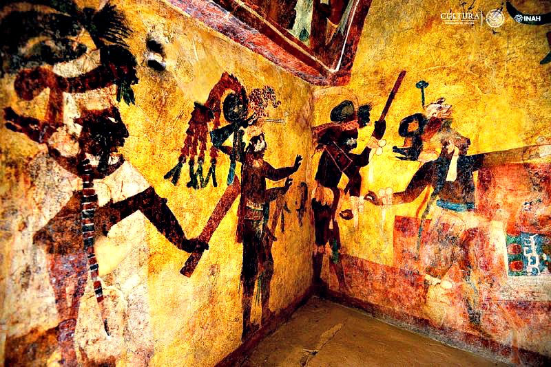 Algunas de las impactantes pinturas murales, tal y como lucen 70 años después de haber sido descubiertas por el hombre occidental. (Fotografía: Mauricio Marat / INAH)