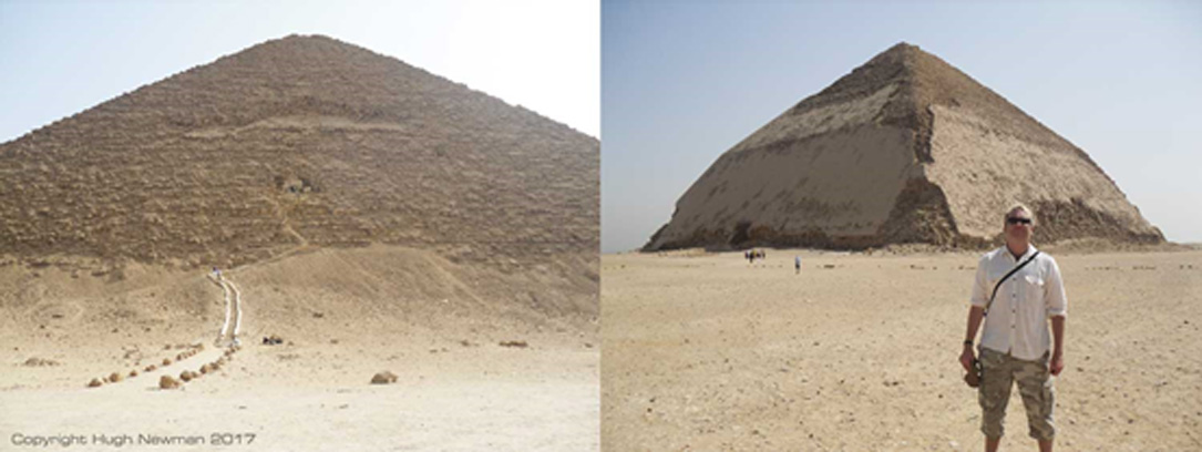 Izquierda: Pirámide Roja de Dahshur. Derecha: El autor del artículo ante la Pirámide Acodada de Dahshur. Fotografías: Hugh Newman.