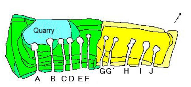 Planta esquemática del Cairn de Barnenez. La primera fase de construcción aparece en amarillo, la segunda en verde. (CC BY-SA 3.0)
