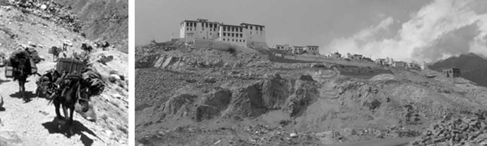 Izquierda: imagen de la caravana de la expedición al Tíbet. Derecha: Monasterio de Hemis