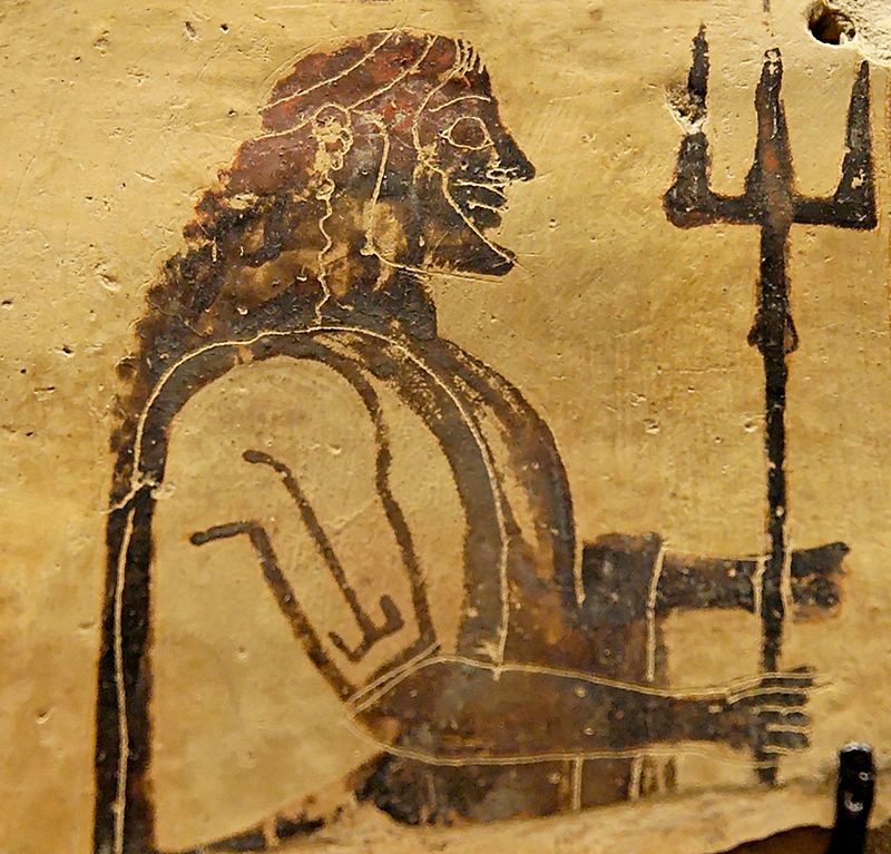 Poseidón portando su tridente. Placa de cerámica corintia procedente de Penteskouphia, (550-525 a. C.). Museo del Louvre de París, Francia. (Public Domain)
