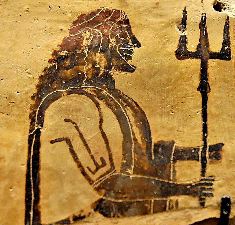 Poseidón portando su tridente. Placa de cerámica corintia procedente de Penteskouphia, (550-525 a. C.). Museo del Louvre, París, Francia. (Public Domain)