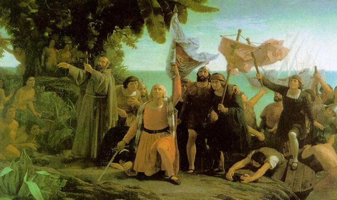 Colón y los hermanos Pinzón llegan a América. ‘Primer desembarco de Cristóbal Colón en América.’ (1862). Óleo de Dióscoro Puebla (Public Domain)