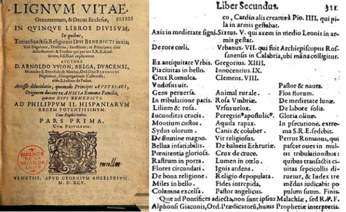 Portada (dominio pÃºblico) y Ãºltima pÃ¡gina (dominio pÃºblico) de las profecÃ­as del Lignum VitÃ¦ (1595).