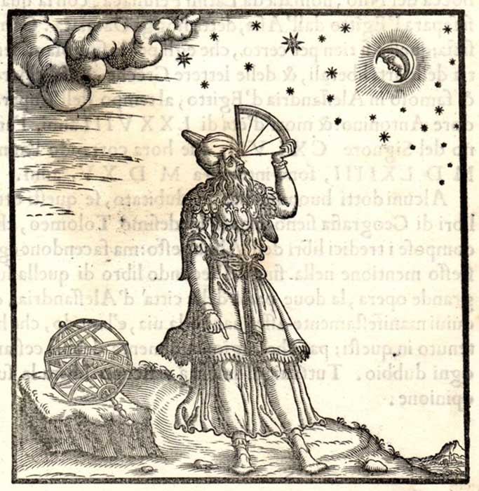 Grabado de la obra de Giordano Ziletti “Principios de la astrología y la geografía según Ptolomeo”, 1564. En la ilustración podemos observar a Ptolomeo empleando un cuadrante. (Public Domain)