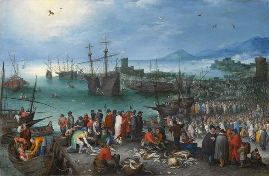 Escena portuaria con la ‘Partida de San Pablo desde Cesarea’, óleo sobre cobre de Jan Brueghel el Viejo (Public Domain)
