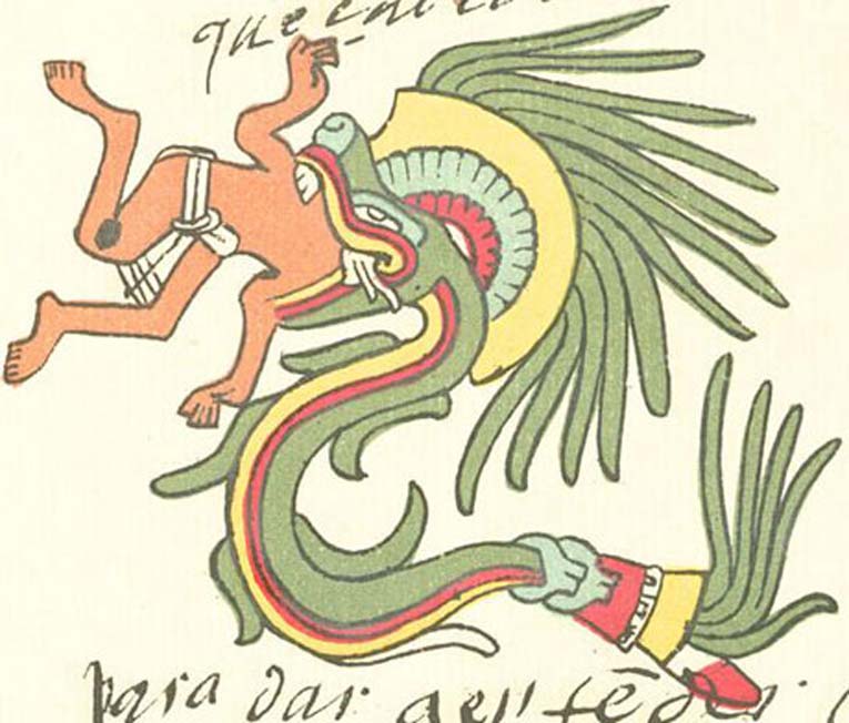 Quetzalcóatl bajo la forma de serpiente emplumada, tal y como aparece representado en el Códice Telleriano-Remensis. (Dominio público)
