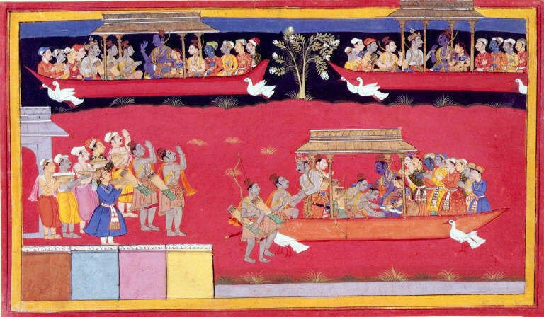 Rama regresa a Ayodhya y es vitoreado por sus súbditos. En esta antigua ilustración del Ramayana aparece el Pushpaka Vimana en tres ocasiones: dos en pleno vuelo (arriba) y otra después de haber aterrizado, más abajo a la derecha. (Public Domain)