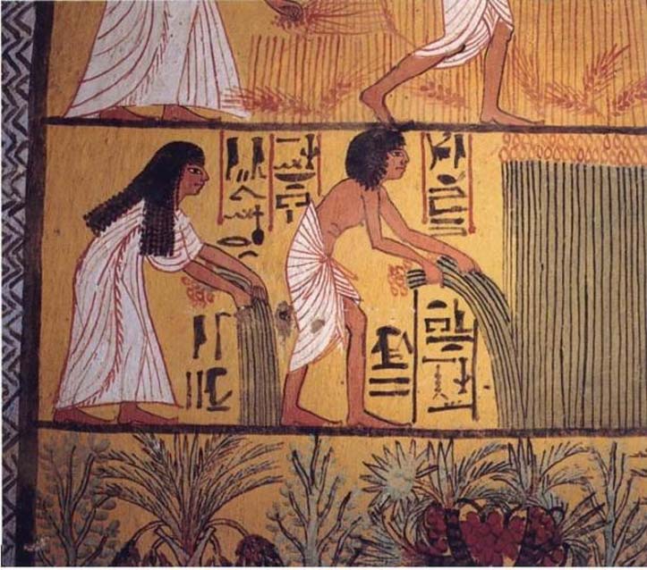 Campesinos egipcios recolectan papiro, pintura mural de Deir el-Medina (principios del Período Ramésida). (Dominio público)