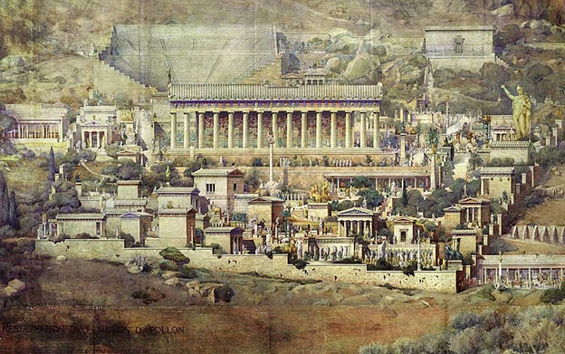 Reconstrucción del Santuario de Apolo en Delfos en una pintura de 1894 obra de Albert Tournaire, expuesta actualmente en la École nationale supérieure des Beaux-Arts. (Dominio público)