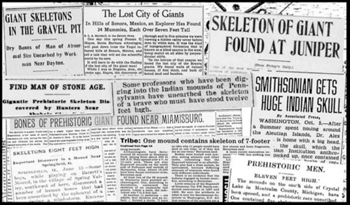 Selección de recortes de periódicos que informan del descubrimiento de esqueletos gigantes (Fotocomposición: Hugh Newman)