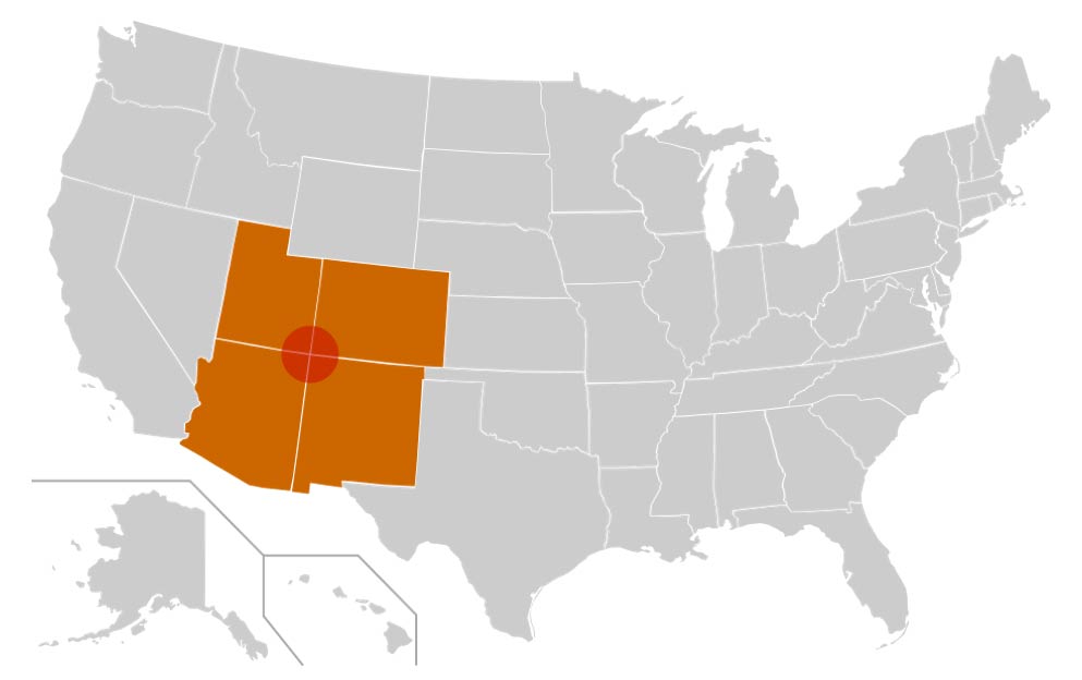 La región de Four Corners aparece en rojo en este mapa. Comprende los estados de Colorado, Utah, Arizona, y Nuevo México (Estados Unidos). (CC BY-SA 3.0)
