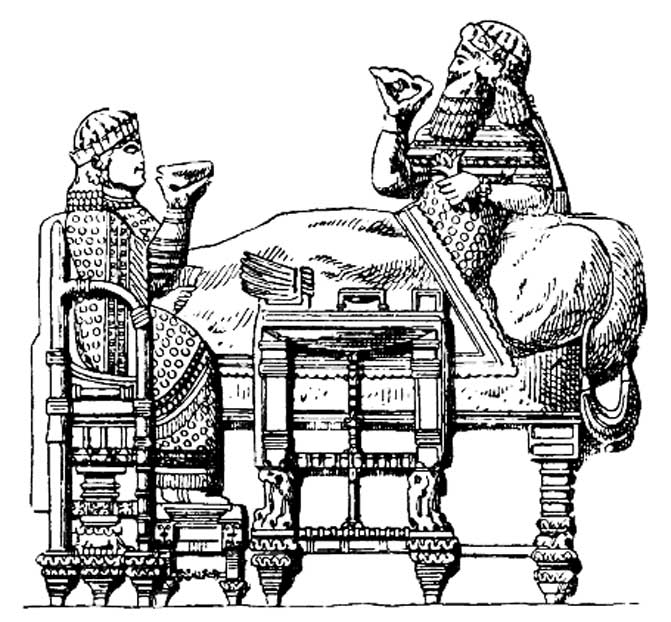 Mobiliario asirio. Banquete del rey Asaradón basado en un relieve de Nínive. (Dominio público)
