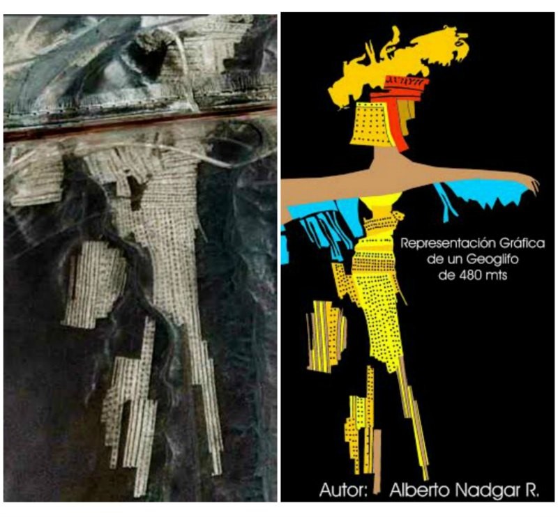 A la izquierda, imagen vía satélite del supuesto geoglifo gigante, de 480 metros de longitud, descubierto por el investigador chileno. A la derecha, representación gráfica del mismo. (Fotografías: Alberto Nadgar R.)